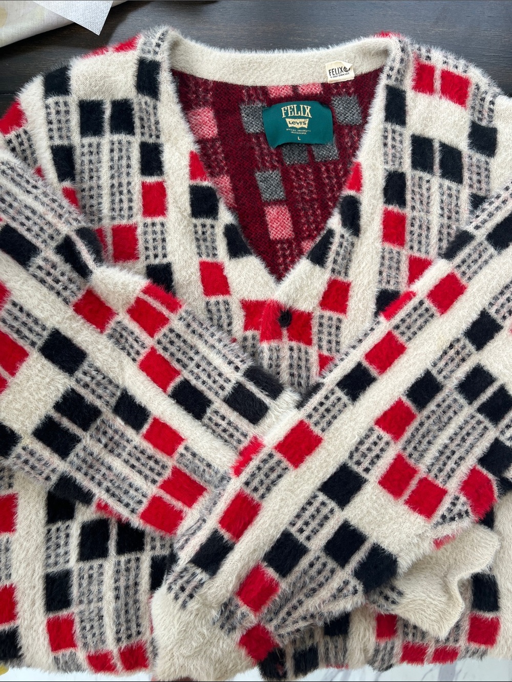 Cream, Red & Black Geometric V-Neck Sweater